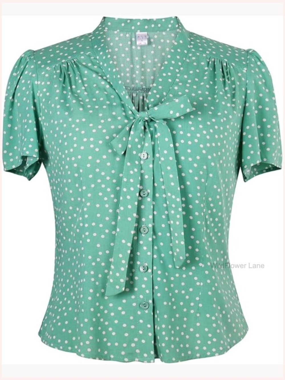 Vintage Bow Tie Button Down Blouse Short Sleeve Polka Dot Retro Top